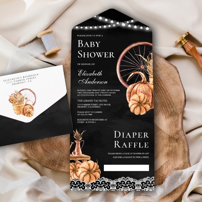 Rustic Autumn Fall Boho Pumpkin Black Baby Shower All In One Invitation (Creator Uploaded)