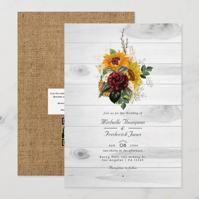 Rustic Autumn Fall Floral Country QR Code Wedding Invitation (Front/Back)