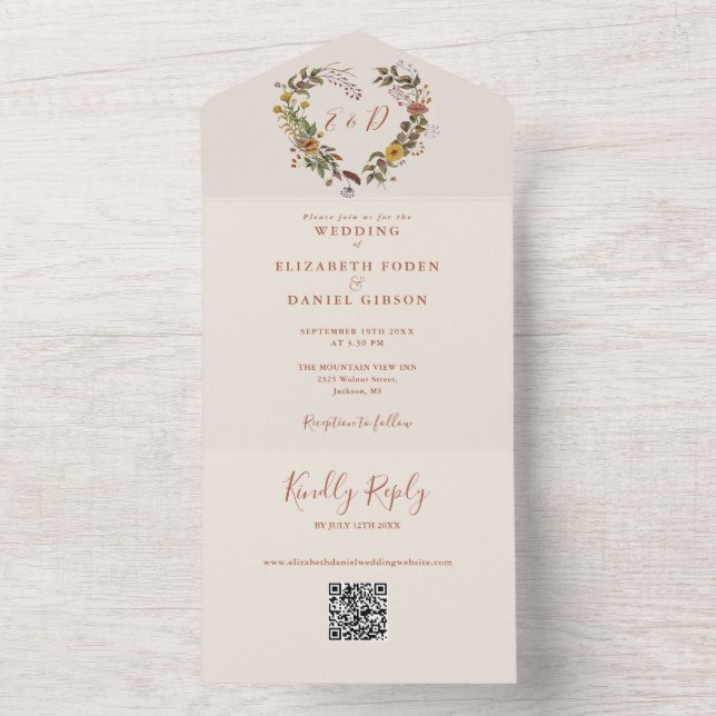 Rustic Autumn Fall Floral Heart QR Code Wedding All In One Invitation (Inside)