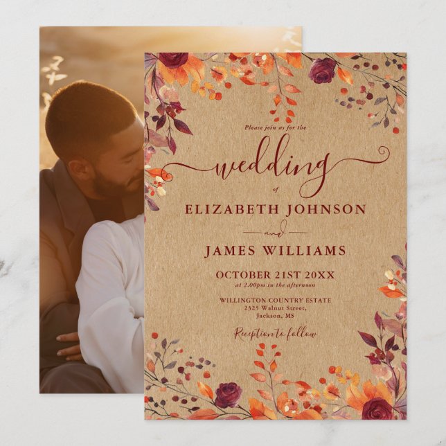 Rustic Autumn Fall Floral Leaves Photo Wedding Invitation (Front/Back)