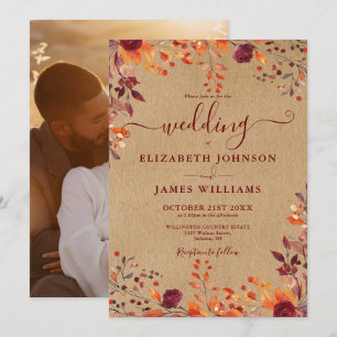 Rustic Autumn Fall Floral Leaves Photo Wedding Invitation