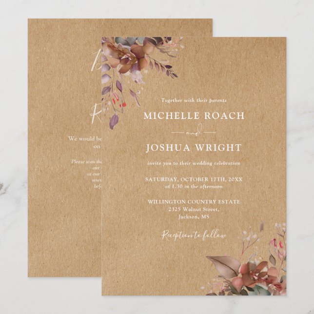 Rustic Autumn Fall Floral QR Code Wedding Invitation (Front/Back)