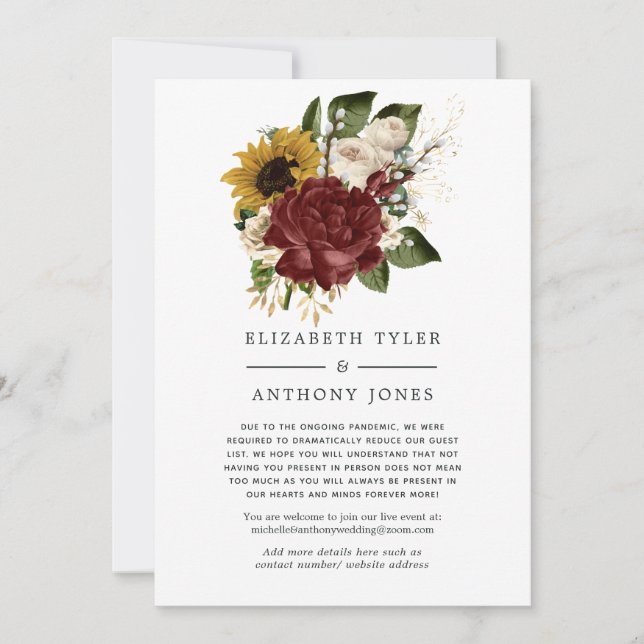 Rustic Autumn - Fall Floral Reduced Wedding Guests Announcement (Front)