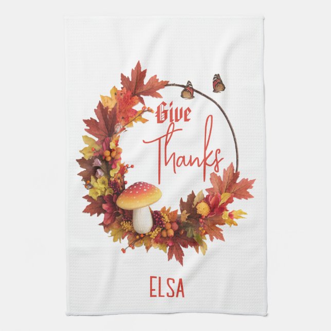 Rustic Autumn Fall Give Thanks  Kitchen Towel (Vertical)