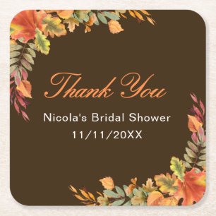 Rustic Autumn Fall Leaves Bridal Shower Square Paper Coaster