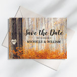 Rustic Autumn Fall Leaves Save the Date Announcement Postcard<br><div class="desc">Country autumn save the date postcards featuring a rustic fall woodland with red,  orange and golden leaves,  silver birch trees,  a fairytale carved heart on the tree with the initials of the bride and groom,  and an elegant editable wedding save the date template.</div>