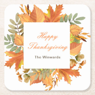 Rustic Autumn Fall Leaves Square Thanksgiving  Paper Coaster