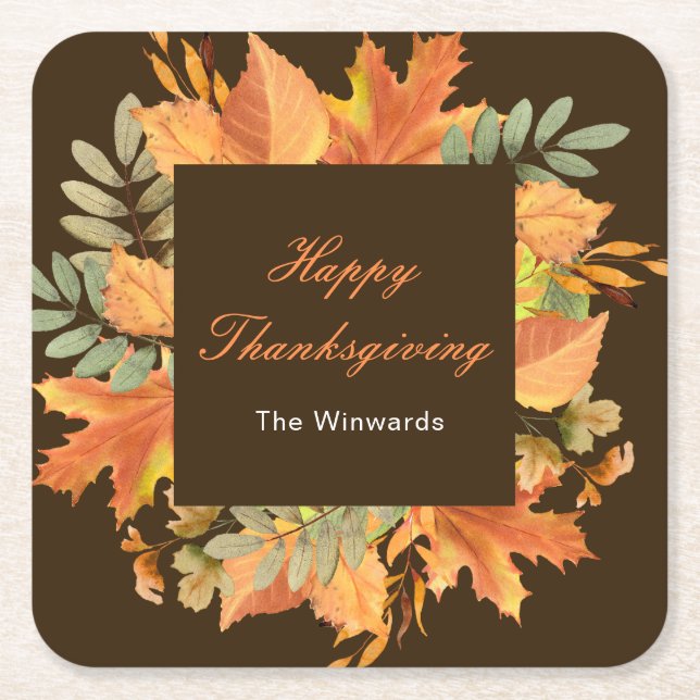 Rustic Autumn Fall Leaves Square Thanksgiving  Paper Coaster (Front)