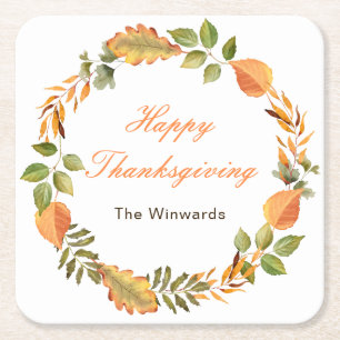 Rustic Autumn Fall Leaves Square Thanksgiving  Paper Coaster