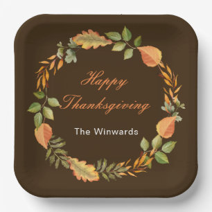 Rustic Autumn Fall Leaves Square Thanksgiving  Paper Plate