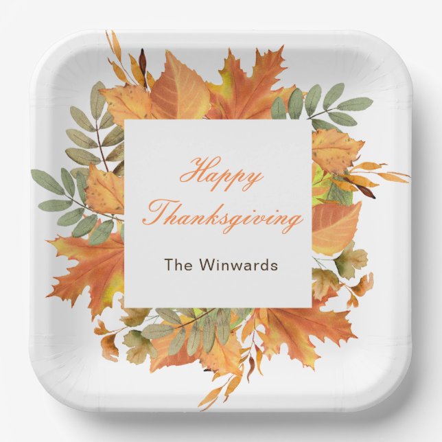 Rustic Autumn Fall Leaves Square Thanksgiving  Paper Plate (Front)
