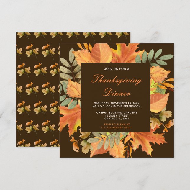 Rustic Autumn Fall Leaves Thanksgiving Party Invitation (Front/Back)