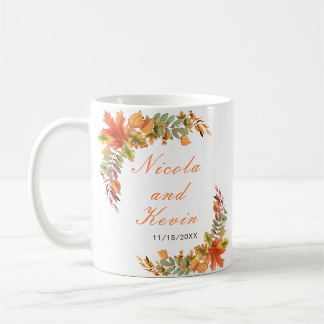 Rustic Autumn Fall Leaves Wedding Coffee Mug (Left)