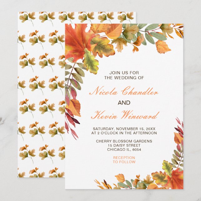Rustic Autumn Fall Leaves Wedding Invitation (Front/Back)