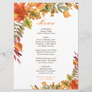 Rustic Autumn Fall Leaves Wedding Menu