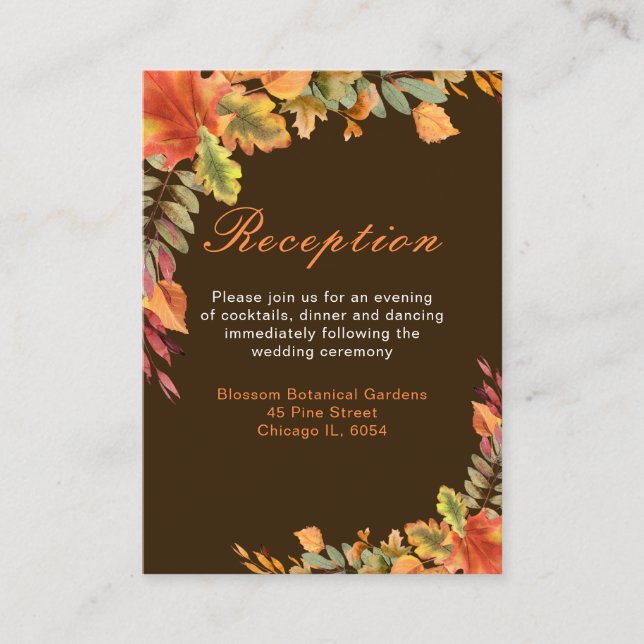 Rustic Autumn Fall Leaves Wedding Reception Enclosure Card (Front)