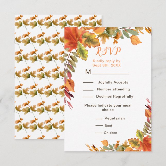 Rustic Autumn Fall Leaves Wedding Reception RSVP Card (Front/Back)