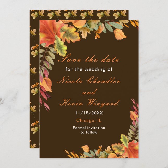 Rustic Autumn Fall Leaves Wedding Reception Save The Date (Front/Back)