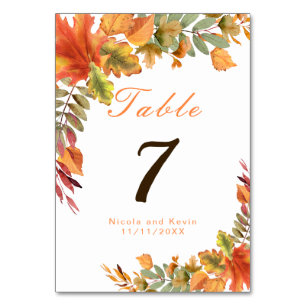 Rustic Autumn Fall Leaves Wedding Table Number