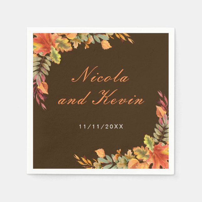 Rustic Autumn Fall Leaves Wedding Thank You Napkin (Front)