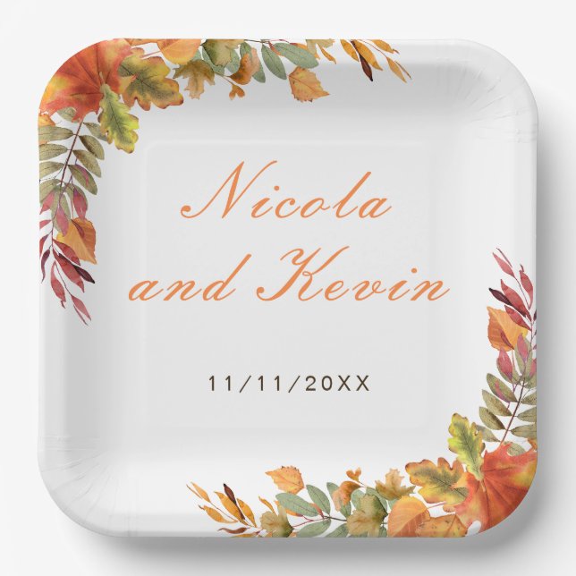 Rustic Autumn Fall Leaves Wedding Thank You Paper Plate (Front)