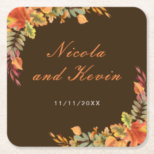 Rustic Autumn Fall Leaves Wedding Thank You Square Paper Coaster