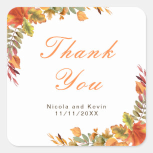 Rustic Autumn Fall Leaves Wedding Thank You Square Sticker