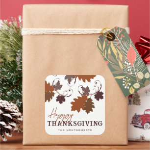 Rustic Autumn Fall Oak Leaves Happy Thanksgiving Square Sticker