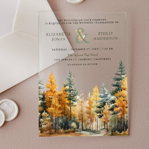 Rustic Autumn Fall Pine Trees Wedding Acrylic Invitations