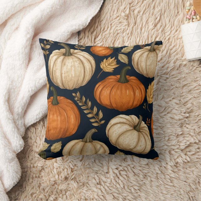 Rustic Autumn Fall Pumpkins Foliage Pattern  Throw Pillow (Blanket)