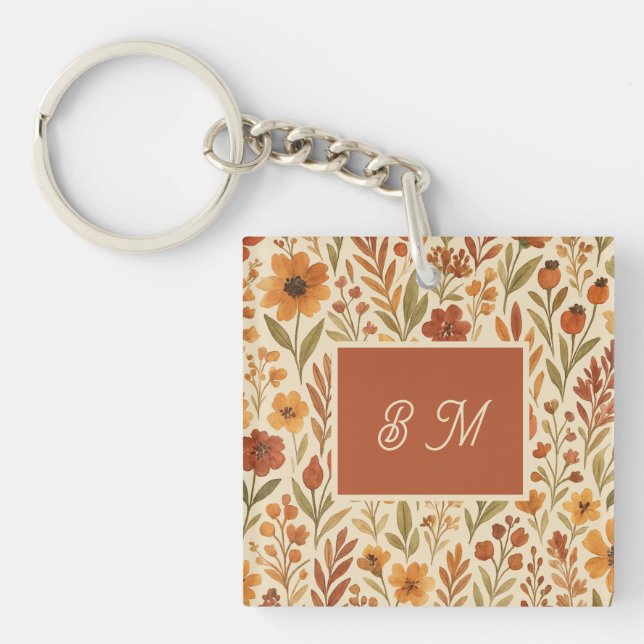 Rustic Autumn fall vibes & Floral Monogram  Keychain (Front)