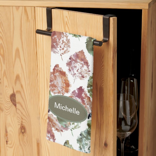 Rustic Autumn Falling Leaves Watercolor Art Kitchen Towel (Thirds Fold)