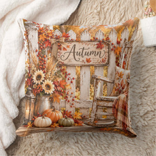 Rustic Autumn Farmhouse Porch & Wooden Fence  Throw Pillow