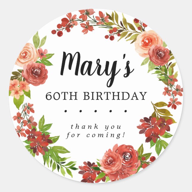 Rustic Autumn Floral 60th Birthday Thank You Classic Round Sticker (Front)
