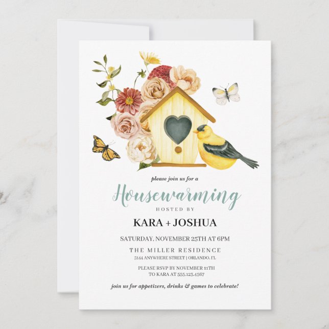 Rustic Autumn Floral Bird House Housewarming Invitation (Front)