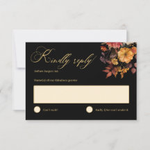 Rustic Autumn Floral Black Wedding  RSVP Card