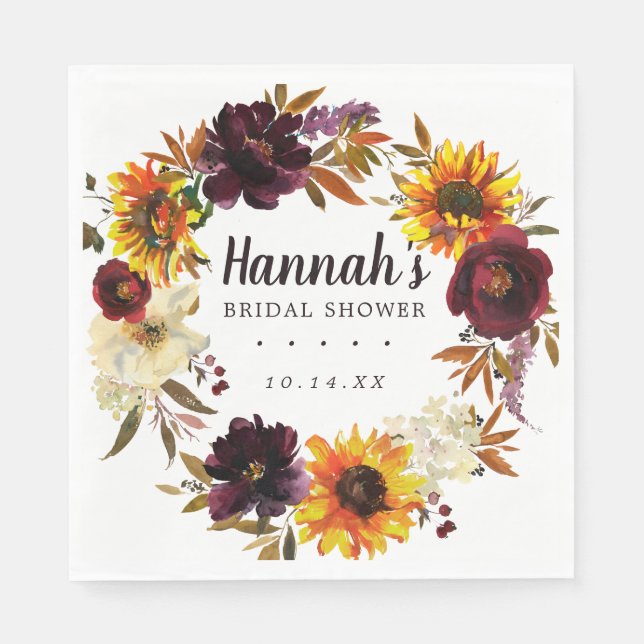 Rustic Autumn Floral Bridal Shower Napkin (Front)