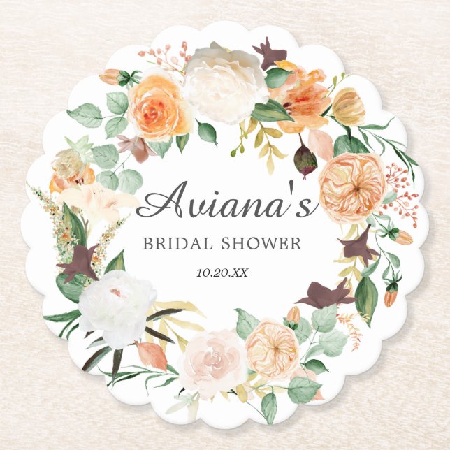 Rustic Autumn Floral Bridal Shower Paper Coaster (Front)