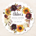 Rustic Autumn Floral Bridal Shower Paper Coaster<br><div class="desc">Dramatic fall flowers include yellow sunflowers, purple peonies, dark red roses, and ivory white hydrangeas. They are nestled in fall leaves and vines to create a very pretty wreath. The bride's name is written in a large script font. Bridal Shower and the date follow. This bridal shower coaster is part...</div>