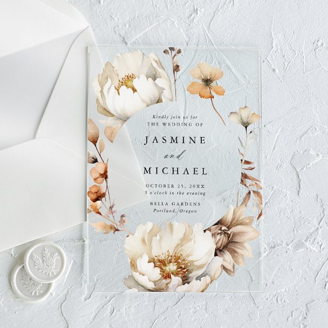 Rustic Autumn Floral Circle Frame Wedding Acrylic Invitations (Creator Uploaded)