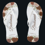 Rustic Autumn Floral Elegant Bridesmaid Wedding Flip Flops<br><div class="desc">These elegant wedding flip flops are a great way to thank and recognize your bridesmaids, while giving their feet a rest after a long day. The rustic autumn floral design features hand painted watercolor roses in shades of rust orange and coral peach fancy burnt umber coloured script lettering. The text...</div>