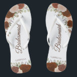 Rustic Autumn Floral Elegant Bridesmaid Wedding Flip Flops<br><div class="desc">These elegant wedding flip flops are a great way to thank and recognize your bridesmaids, while giving their feet a rest after a long day. The rustic autumn floral design features hand painted watercolor roses in shades of rust orange and coral peach fancy burnt umber coloured script lettering. The text...</div>