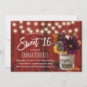 Rustic Autumn Floral Jar Red Barn Wood Sweet 16 Invitation