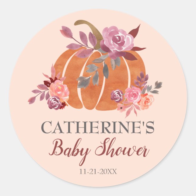  Rustic Autumn Floral Little Pumpkin Baby Shower  Classic Round Sticker (Front)