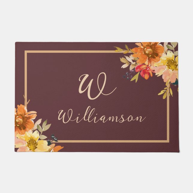 Rustic Autumn Floral Monogram  Doormat (Front)