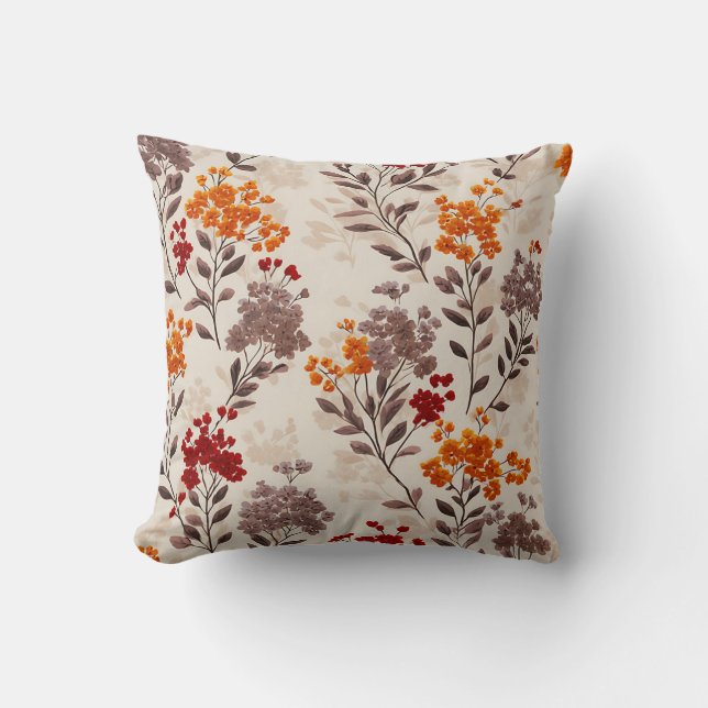 Rustic Autumn Floral Pattern in Burnt Orange Throw Pillow (Front)