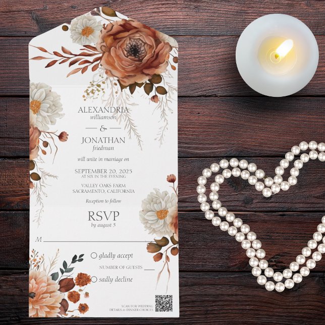 Rustic Autumn Floral QR Code  All In One Invitation (Also available without QR code or with or without dinner options. )