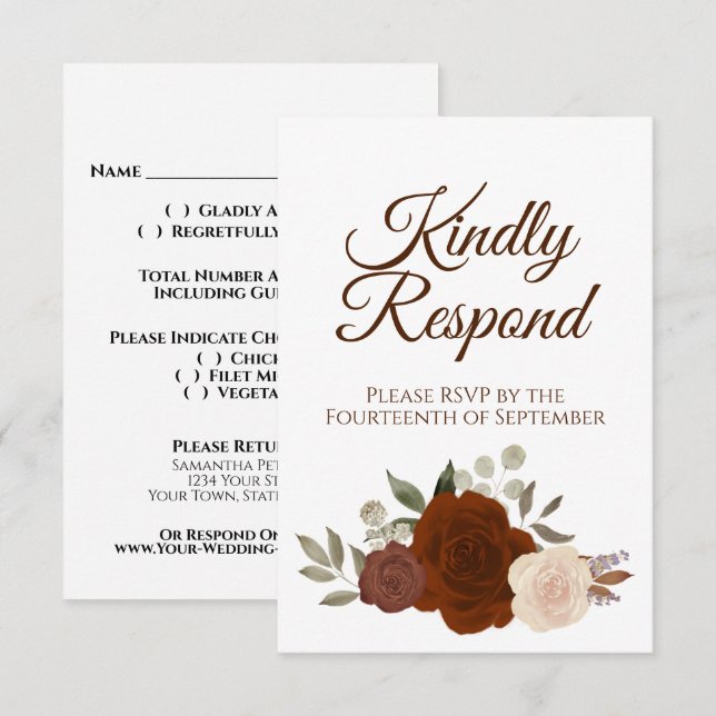 Rustic Autumn Floral Rust Orange Roses Wedding RSVP Card (Front/Back)