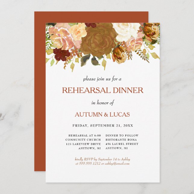 Rustic Autumn Floral Rust Rehearsal Dinner Inv Invitation (Front/Back)