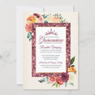 Rustic Autumn Floral Sequin Quinceanera Invitation